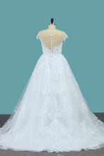 Load image into Gallery viewer, 2022 A Line Lace Cap Sleeve Scoop Wedding Dresses With Beads Court Train