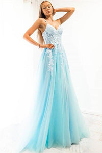A-Line Spaghetti Strap Long Prom Dress With Appliques