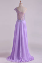 Load image into Gallery viewer, 2022 One Shoulder A Line Prom Dress Beaded Tulle And Chiffon Sweep Train