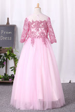 Load image into Gallery viewer, 2022 Flower Girl Dresses Ball Gown Scoop 3/4 Length Sleeves Tulle Floor Length With Appliques