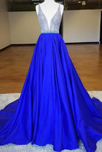 Load image into Gallery viewer, 2024 Fantastic Beaded Bodice Prom Dresses A Line Satin Deep V-Neck