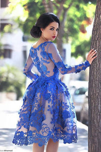 Princess/A-Line Round Knee-Length Tanya Royal Blue Homecoming Dresses Long Sleeves Dresses Prom
