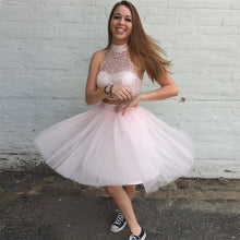 Load image into Gallery viewer, Two Piece High Pink Homecoming Dresses Kaitlynn Neck Open Back Beading Pearl