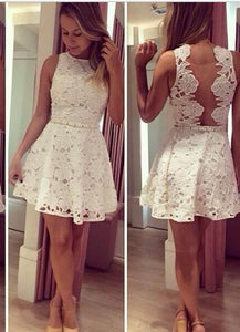 A-Line Bateau Short Illusion Back Aaliyah Lace Homecoming Dresses White With Beading