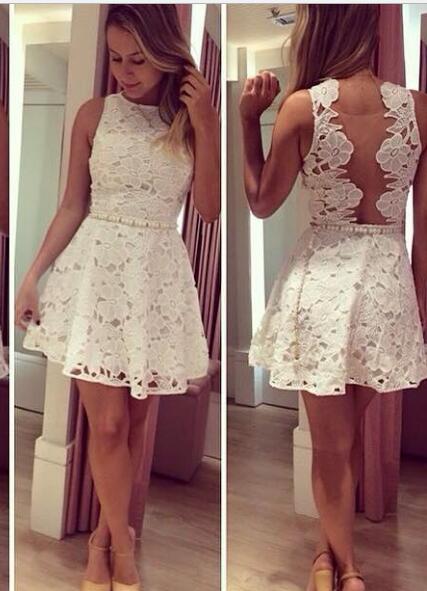 A-Line Bateau Short Illusion Back Aaliyah Lace Homecoming Dresses White With Beading