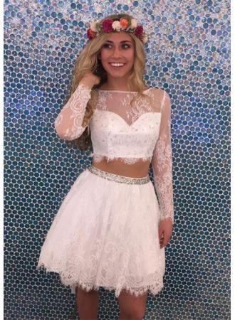 Two Piece Bateau Long Sleeves White Homecoming Dresses Kendal Lace Tulle 2024 With Beading