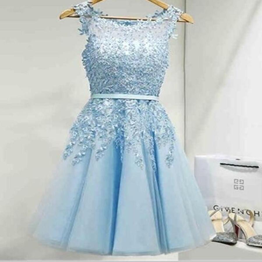 A-Line Jewel Light Blue Short 2024 With Homecoming Dresses Ariel Chiffon Appliques Pleats