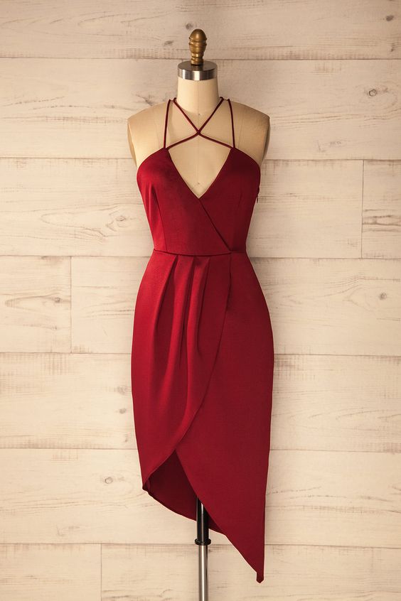 Sheath Halter Asymmetrical Dark Selena Homecoming Dresses Satin Red