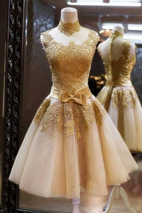 A-Line Homecoming Dresses Valerie High Neck Knee-Length Champagne Short 2024 With Appliques
