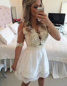 A-Line V-Neck Homecoming Dresses Lace Yvonne Half Sleeves White Short 2024 With Appliques Pearls