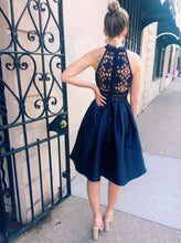 Load image into Gallery viewer, A-Line Jewel Navy Lace Autumn Homecoming Dresses Blue 2024 With