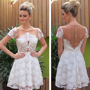 A-Line Jewel Short Sleeves White Homecoming Dresses Lace Allyson 2024 With Illusion Back