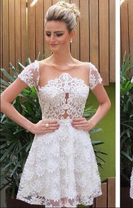 Princess/A-Line Jewel Short Sleeves White Homecoming Dresses Lace Nita Dresses With Illusion Back Prom