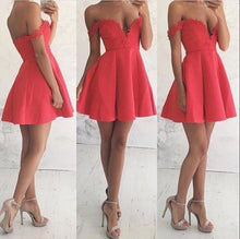 Load image into Gallery viewer, A-Line Off-The-Shoulder Short Red 2024 Homecoming Dresses Satin Lila With Appliques
