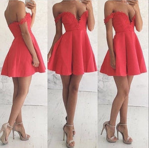A-Line Off-The-Shoulder Short Red 2024 Homecoming Dresses Satin Lila With Appliques