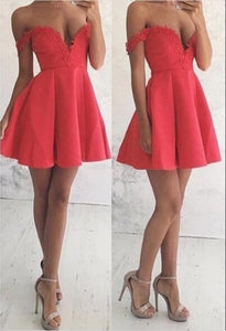 A-Line Off-The-Shoulder Short Red 2024 Homecoming Dresses Satin Lila With Appliques