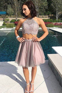 Two Piece Jewel Open Back Cristina Homecoming Dresses Short Blush Tulle Dresses Prom