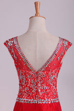 Load image into Gallery viewer, 2022 Red Bateau Lace&amp;Taffeta Prom Dresses Mermaid With Beads