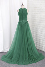Load image into Gallery viewer, 2022 Scoop Lace &amp; Tulle Prom Dresses Mermaid With Applique Sweep Train