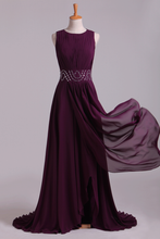 Load image into Gallery viewer, 2022 Prom Dresses A-Line Bateau Floor-Length Chiffon With Beads &amp; Ruffles