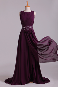 2022 Prom Dresses A-Line Bateau Floor-Length Chiffon With Beads & Ruffles