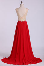 Load image into Gallery viewer, 2022 V Neck Prom Dresses A Line Beaded Bodice Sweep Train Chiffon And Tulle
