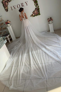 A Line Appliques Ivory Open Back Wedding Dresses, Long Beach Bridal Dresses