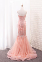 Load image into Gallery viewer, 2022 Sweetheart Mermaid Tulle Prom Dresses With Applique Sweep Train