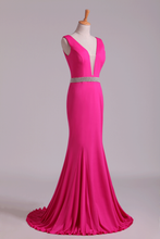 Load image into Gallery viewer, 2022 Prom Dresses Open Back Column V Neck Beaded Waistline Sweep Train