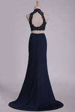 Load image into Gallery viewer, 2024 Two-Piece High Neck Open Back Sheath Prom Dresses Spandex With Beads And Applique
