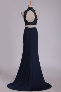 2024 Two-Piece High Neck Open Back Sheath Prom Dresses Spandex With Beads And Applique