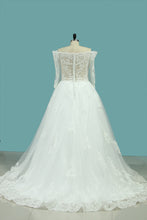Load image into Gallery viewer, 2024 A Line Boat Neck 3/4 Length Sleeves Wedding Dresses Tulle With Applique