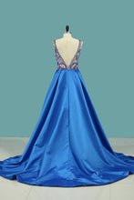 Load image into Gallery viewer, 2022 V Neck Prom Dresses A Line Open Back Satin With Beading