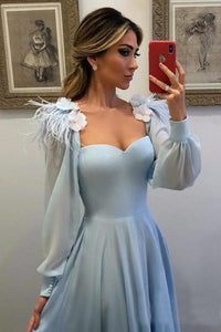 2024 Sky Blue Long Chiffon Prom Dresses With Sleeves Modest Formal Dress