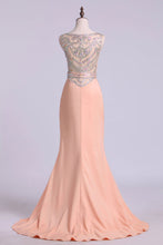 Load image into Gallery viewer, 2022 Prom Dresses Scoop Column Sweep Train Elastic Satin With Beads