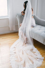 Load image into Gallery viewer, Alencon Lace Trim Long Ivory With Applique Wedding Bridal Veil V13