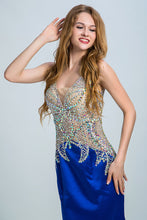 Load image into Gallery viewer, 2022 Dark Royal Blue Two-Tone Mermaid Prom Dresses V-Neck Beaded Bodice Satin &amp; Tulle