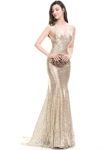 Prom Dresses Trumpet/Mermaid Sweep Caylee Sequined Sequins V-neck Train With