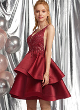 Load image into Gallery viewer, Homecoming Dresses With Satin A-Line V-neck Lace Short/Mini Kaitlyn Beading Homecoming Dress Sequins