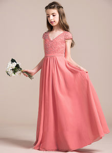 A-Line Junior Bridesmaid Dresses Floor-Length Chiffon Lace V-neck Joselyn