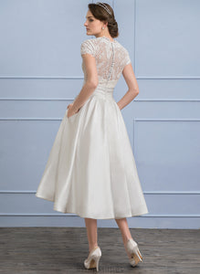 Wedding Dresses Dress V-neck Satin Tea-Length A-Line Lace With Wedding Alivia Ruffle