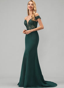 Train Sweep Crepe Sloane Beading With Lace Off-the-Shoulder Trumpet/Mermaid Prom Dresses Sequins Stretch