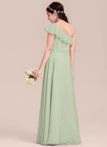 A-Line Junior Bridesmaid Dresses With Floor-Length Pearl Cascading One-Shoulder Chiffon Ruffles