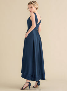 Pockets Asymmetrical Neckline Satin Fabric Length Embellishment V-neck Straps Evelin Natural Waist Sleeveless Bridesmaid Dresses