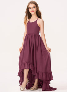 Bow(s) Neck Junior Bridesmaid Dresses Thirza With A-Line Chiffon Cascading Ruffles Scoop Asymmetrical