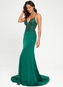 Robin Jersey Prom Dresses Sequins Sweep Train V-neck With Trumpet/Mermaid