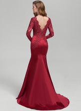 Load image into Gallery viewer, Sweep Trumpet/Mermaid V-neck Satin Prom Dresses Sequins With Train Lace Jaylyn