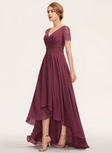 Load image into Gallery viewer, Embellishment A-Line Asymmetrical Fabric Neckline Length Pleated Silhouette V-neck Skylar Short Sleeves Knee Length Bridesmaid Dresses