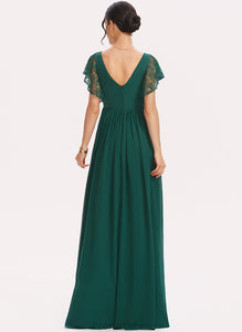 Embellishment Fabric Neckline Silhouette SplitFront Floor-Length Length Lace A-Line V-neck Olympia Sleeveless Bridesmaid Dresses
