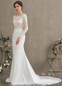Trumpet/Mermaid Wedding Dresses Chapel Beading With Train Scoop Neck Chana Wedding Crepe Lace Sequins Dress Stretch